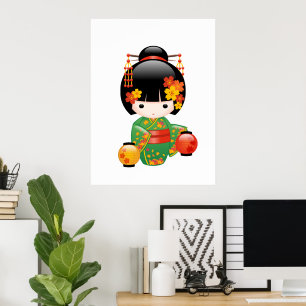 Affiches Poupée Kokeshi d'automne - Fille Geisha en Kimono