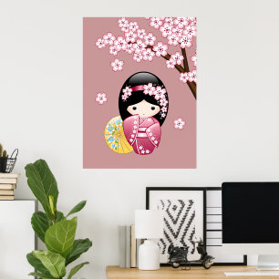 Affiches Poupée Kokeshi de printemps - Jolie Geisha japonai