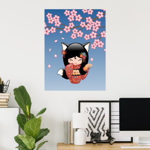 Affiches Poupée Kokeshi Kitsune - Fille Geisha Renard Noir