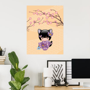 Affiches Poupée Kokeshi Neko - Fille Geisha aux Oreilles de