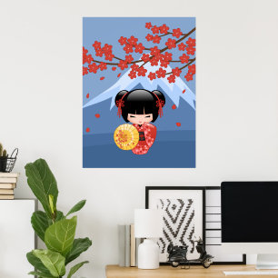 Affiches Poupée Kokeshi Sakura Rouge - Jolie Fille Geisha