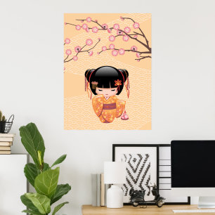 Affiches Poupée Ume Kokeshi - Japonaise Pêche Geisha Girl