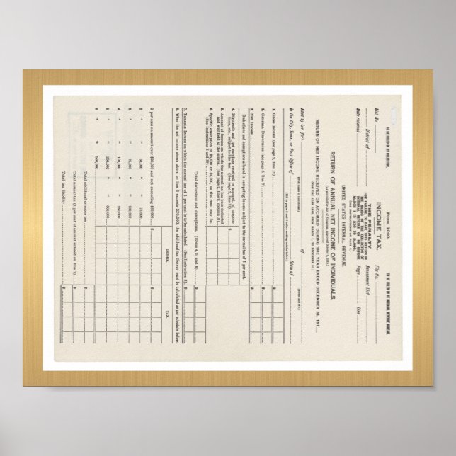 Affiches Premier formulaire d'impôt américain sur le revenu (Devant)