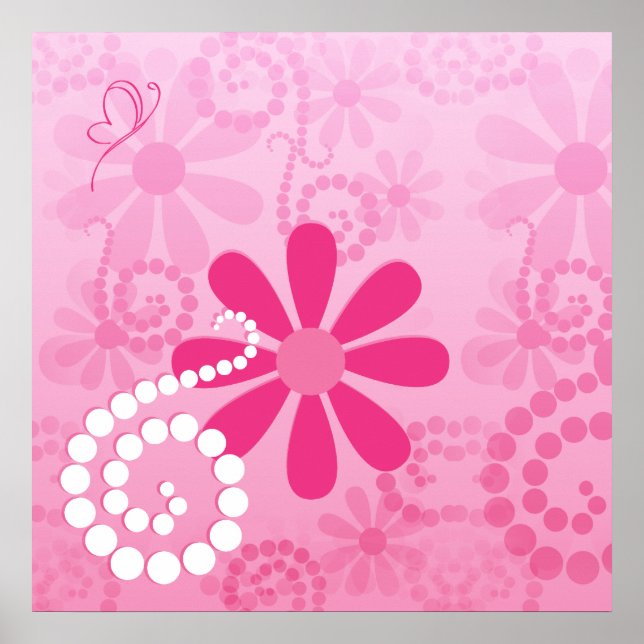 Affiches Pretty Pink Flowers Cute Retro Daisy Pattern (Devant)