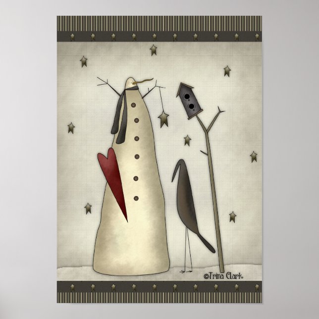 Affiches Primitive Snowman, Birdhouse, Crow (Devant)