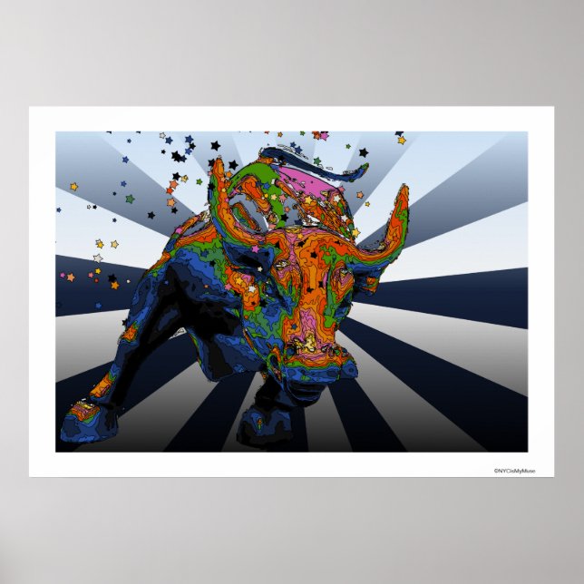 Affiches Psychedelic NYC : Charging Bull of Wall Street (Devant)