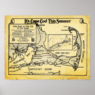 Affiches Publicité vintage Cape Cod Travel Avec Carte Impri