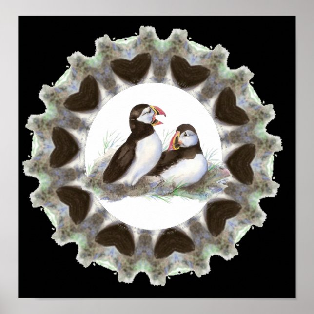 Affiches Puffins d'aquarelle avec Coeurs pour les fans de P (Devant)