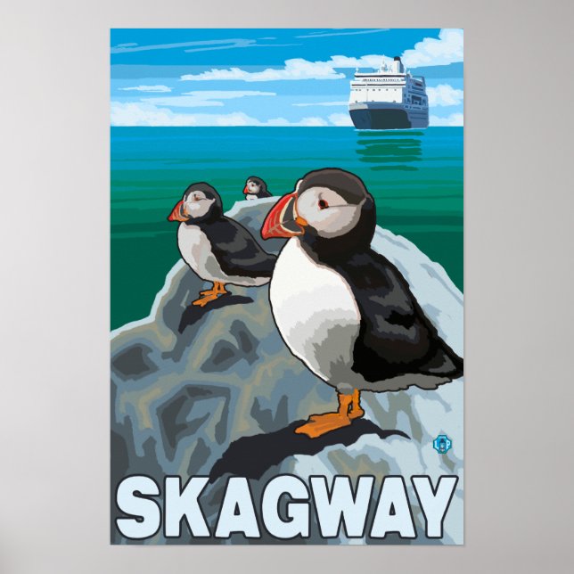 Affiches Puffins et bateau de croisière - Skagway, Alaska (Devant)