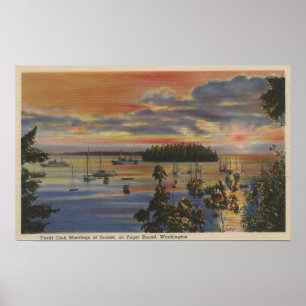 Affiches Puget Sound, WA - Yacht Club Moorings au coucher d