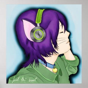 Affiches Purple Haired Cat Girl With Headphones