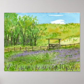Affiches Purple Lupines Field Aquarelle Paysage Peinture