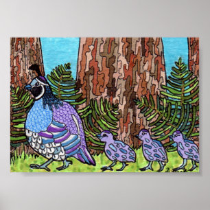 Affiches Quail de Californie violette avec bébés Mini Art f