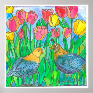 Affiches Quail Pink Tulips Oiseau Aquarelle Peinture