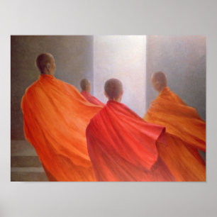 Affiches Quatre moines sur des étapes de temple