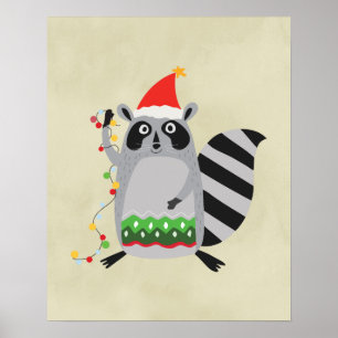 Affiches Raccoon À Santa Hat Tangé Dans Les Lumières De Vac