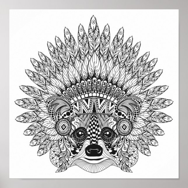 Affiches Raccoon Dans Plumes War Bonnet Doodle 2 (Devant)
