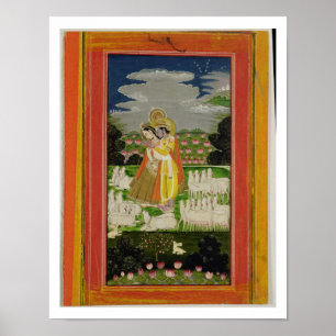 Affiches Radha et Krishna embrassent un paysage idéalisé