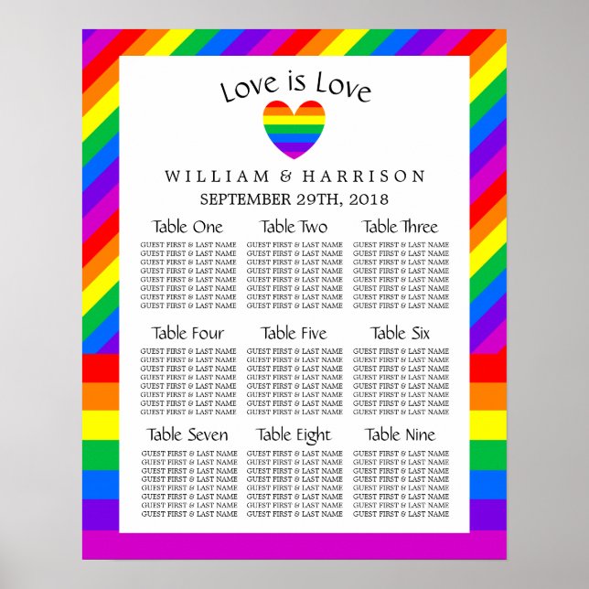 Affiches Rainbow Heart Love is Love Mariage Seating Chart (Devant)