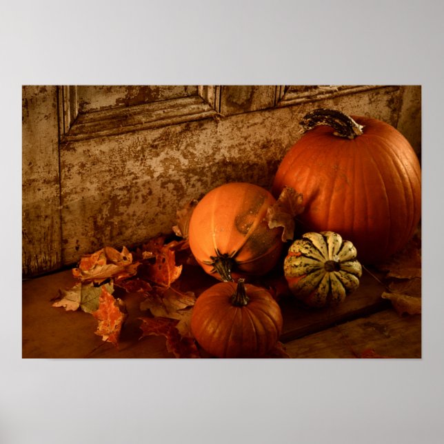 Affiches Récolte Automne/ Citrouilles Et Gourds À La Porte (Devant)