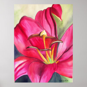 Affiches Red Alert Lily aquarelle peinture de fleur