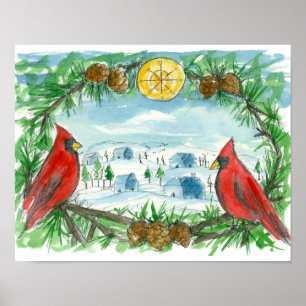 Affiches Red Cardinal Birds Winter Snow Village Peinture