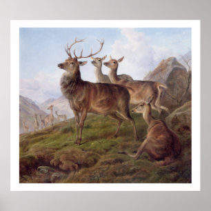 Affiches Red Deer dans un paysage des Highlands, 1872 (huil