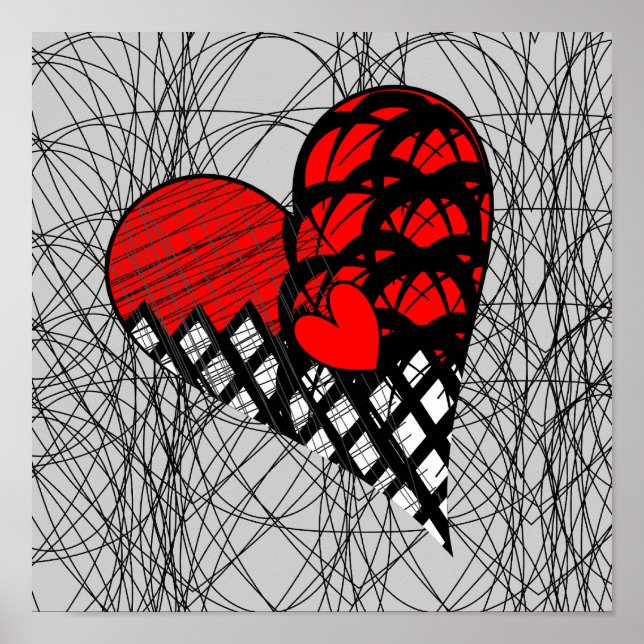 Affiches Red et Black Doodle Heart Funky Picture (Devant)