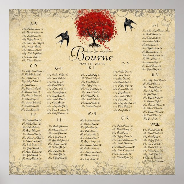 Affiches Red Heart Tree 100 150 invités Mariage alphabétiqu (Devant)