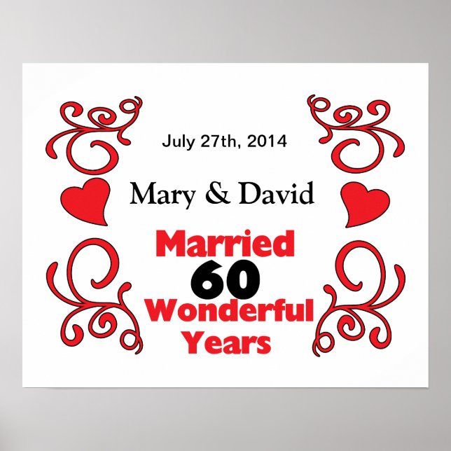 Affiches Red Scroll & Hearts Names & Date 60 Yr Anniversary (Devant)