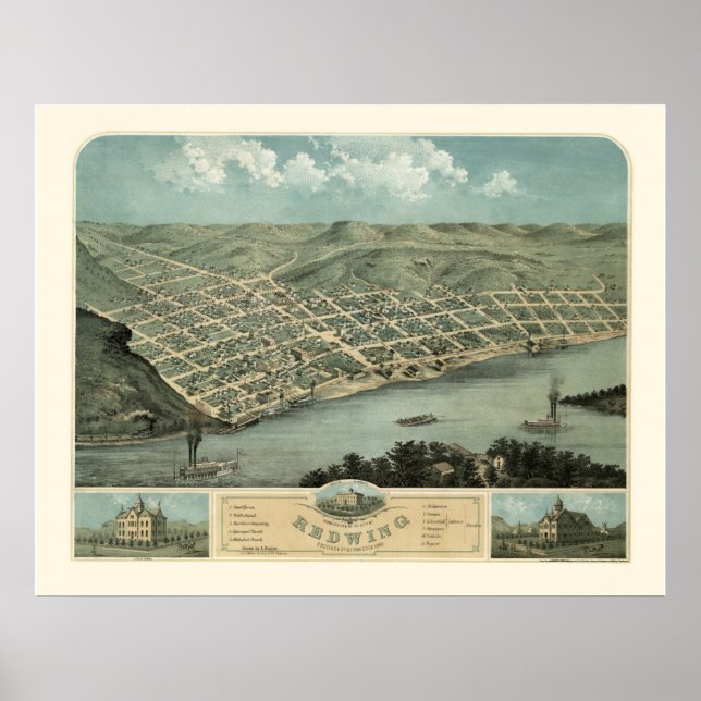 Affiches Red Wing, MN Carte panoramique - 1868 (Devant)