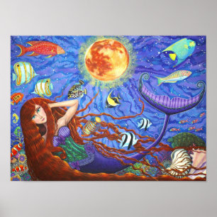 Affiches Redhead Mermaid in Corset with Moon and Fish