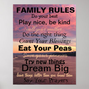 Affiches RÈGLES de FAMILLE, mots de la sagesse, coucher du