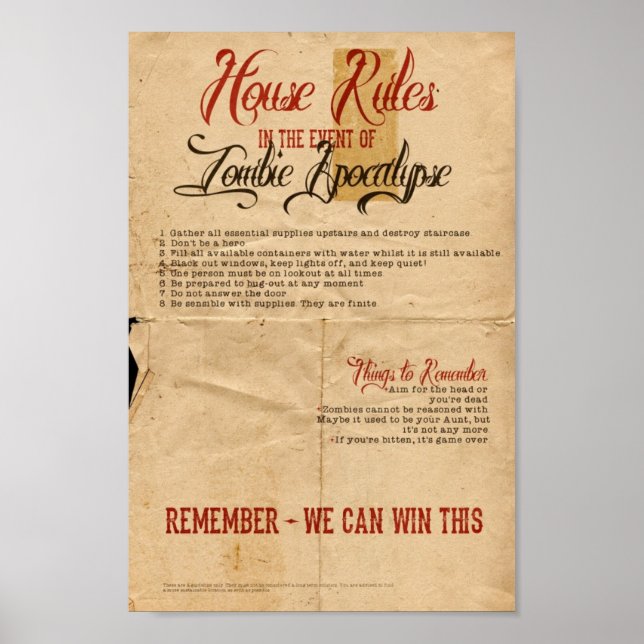 Affiches Règles de la maison Zombie Apocalypse Vintage (Devant)