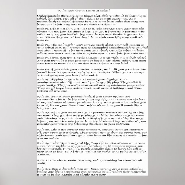 Affiches Règles Les enfants n'apprendront pas (Devant)