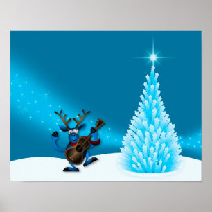 Affiches Reindeer Dancing Guitare Joyeux Arbre de Noël Bleu