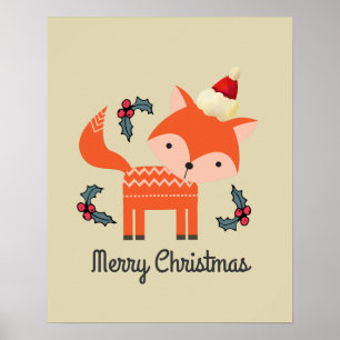 Affiches Renard Orange À Santa Hat Joli Noël Whimsical