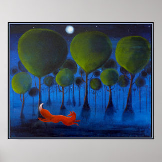 Affiches Renard rouge avec des arbres dans la nuit.