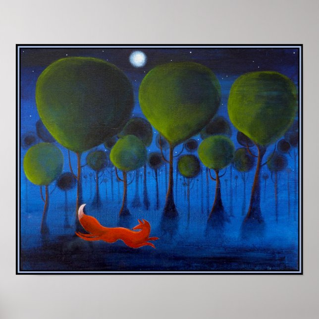 Affiches Renard rouge avec des arbres dans la nuit. (Devant)
