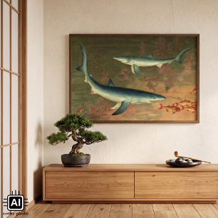 Affiches Requin Bleu Vintage Mangeant un Poisson, Vie Marin