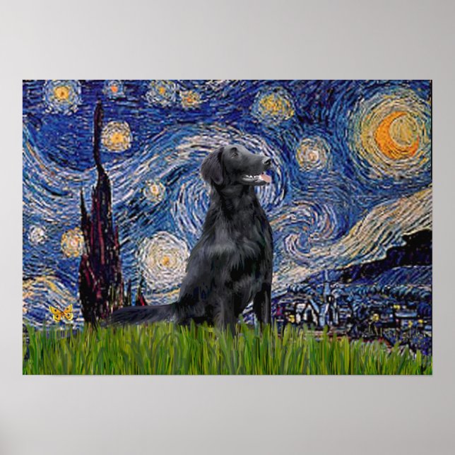 Affiches Retriever à poil plat 1 - Nuit étoilée (Devant)