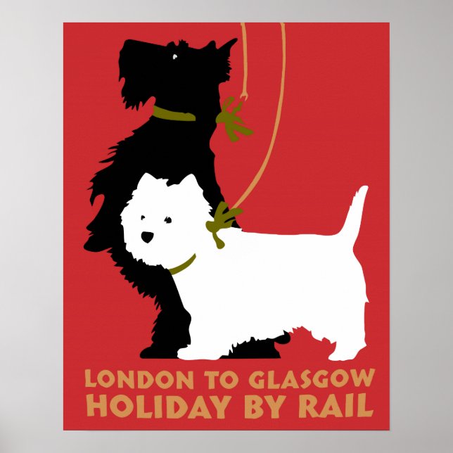 Affiches Retro Londres et Glasgow en train, chiens terriers (Devant)