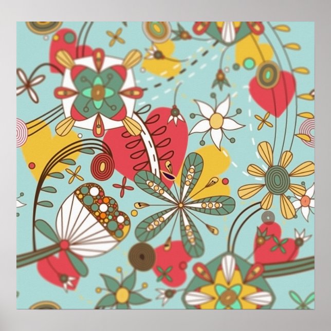 AFFICHES RETRO MIX FLOWERS HEARTS LOVE HIPPIE (Devant)