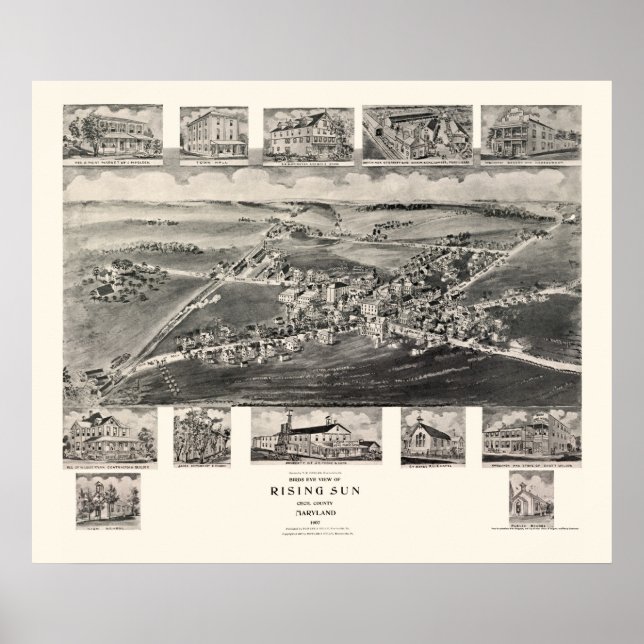 Affiches Rising Sun, MD Panoramic Map - 1907 (Devant)