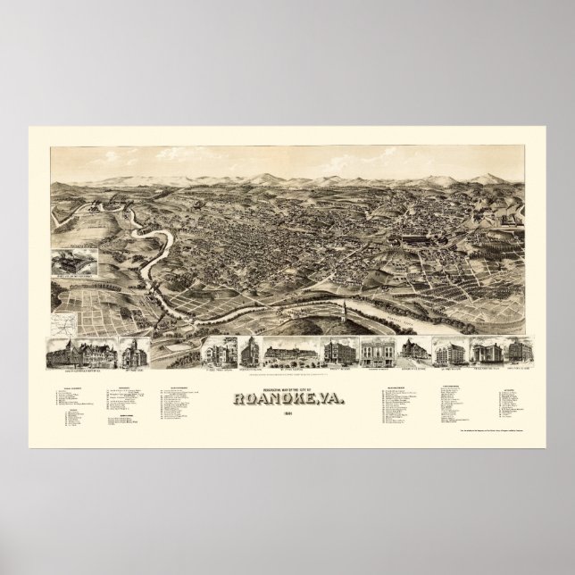 Affiches Roanoke, VA Panoramic Map - 1891 (Devant)