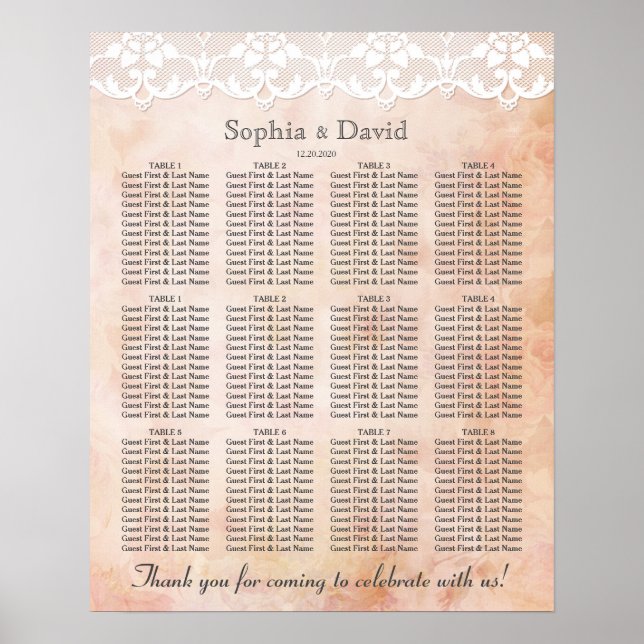 Affiches Romantic Roses and Lace Wedding Seating Chart (Devant)