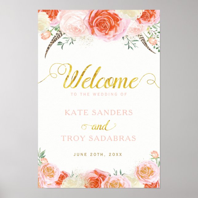 Affiches Romantic Roses Wedding Welcome Sign (13x19) (Devant)