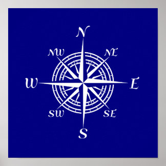 Affiches Rose de boussole bleu et blanc marine