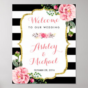 Affiches Rose Floral Noir Blancs Connexion Mariage