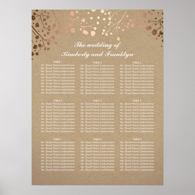 Affiches Rose Gold Baby's Breath Mariage Seating Chart (Devant)